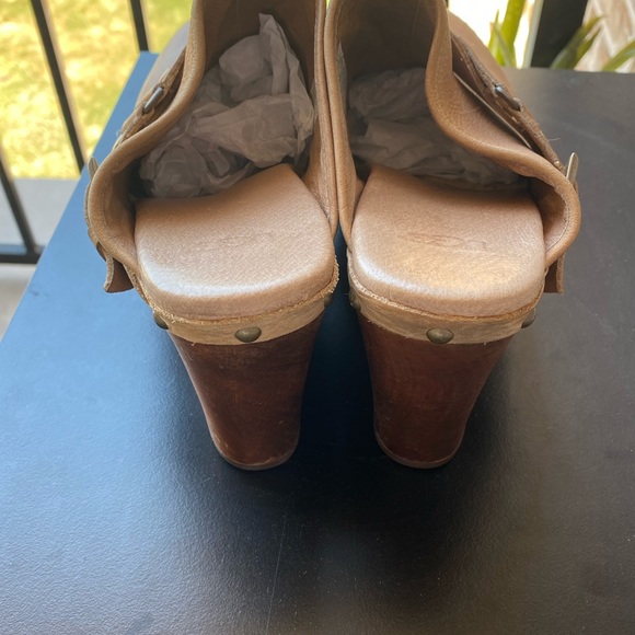 UGG Australia Natalee Tan Leather Wedge Wood Heel Clogs Mules Size 8 - Picture 7 of 12